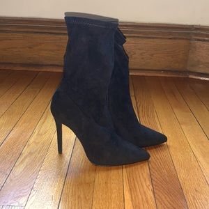 Black suede heeled sock boots